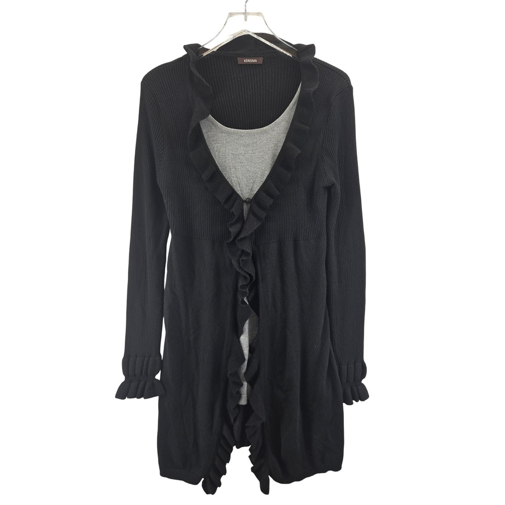 Kerisma Womens Black Cashmere Blend Ruffle Layered Longline Tunic Sweater L M
